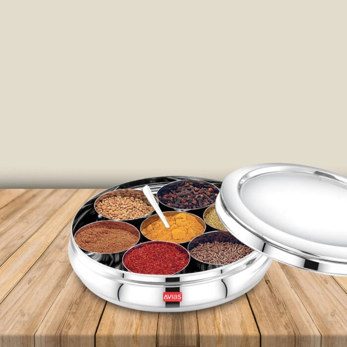 AVIAS Stainless Steel Deluxe Spice Box with Stainless Steel Lid | Masala Dani / Masala Dabba Kitchen Organizer | 7 Compartments with Spoon | Small & Medium Sizes - Image 3