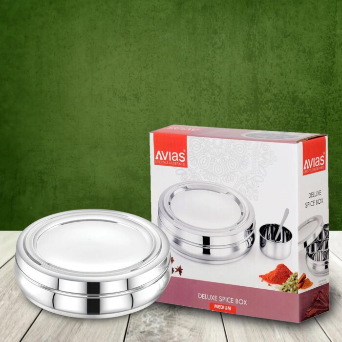 AVIAS Stainless Steel Deluxe Spice Box with Stainless Steel Lid | Masala Dani / Masala Dabba Kitchen Organizer | 7 Compartments with Spoon | Small & Medium Sizes - Image 4