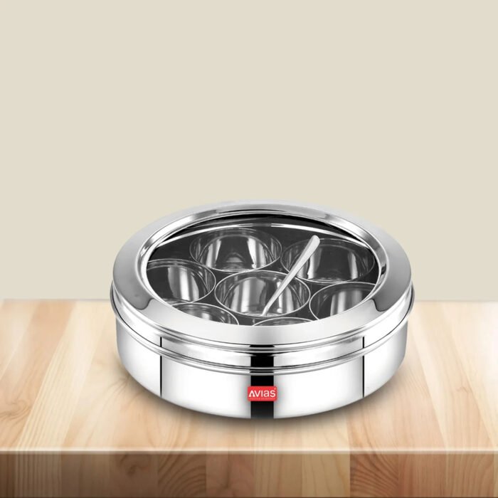 AVIAS Stainless Steel Elegant Spice Box with See-Through Lid | Rust-Resistant Masala Dabba | 7 Compartments & Steel Spoon | Small & Medium - Image 2