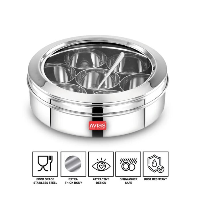 AVIAS Stainless Steel Elegant Spice Box with See-Through Lid | Rust-Resistant Masala Dabba | 7 Compartments & Steel Spoon | Small & Medium - Image 4