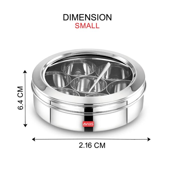 AVIAS Stainless Steel Elegant Spice Box with See-Through Lid | Rust-Resistant Masala Dabba | 7 Compartments & Steel Spoon | Small & Medium - Image 6