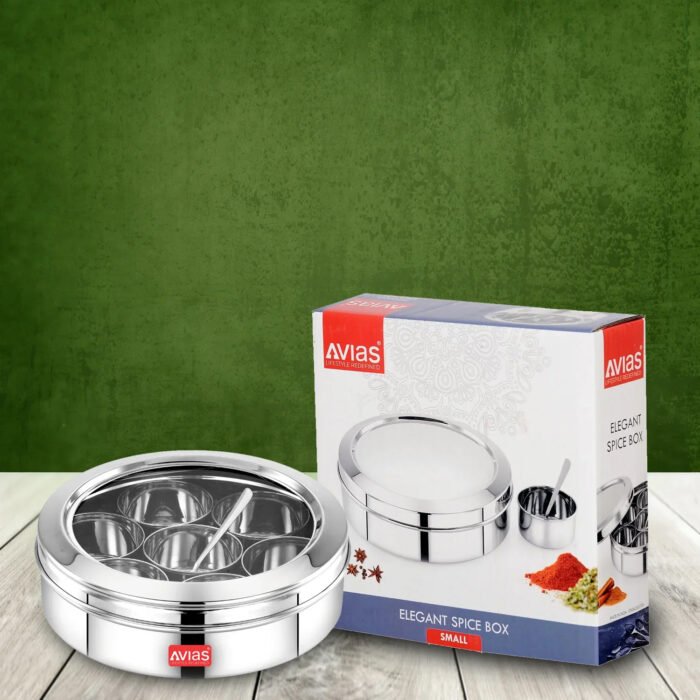 AVIAS Stainless Steel Elegant Spice Box with See-Through Lid | Rust-Resistant Masala Dabba | 7 Compartments & Steel Spoon | Small & Medium - Image 7