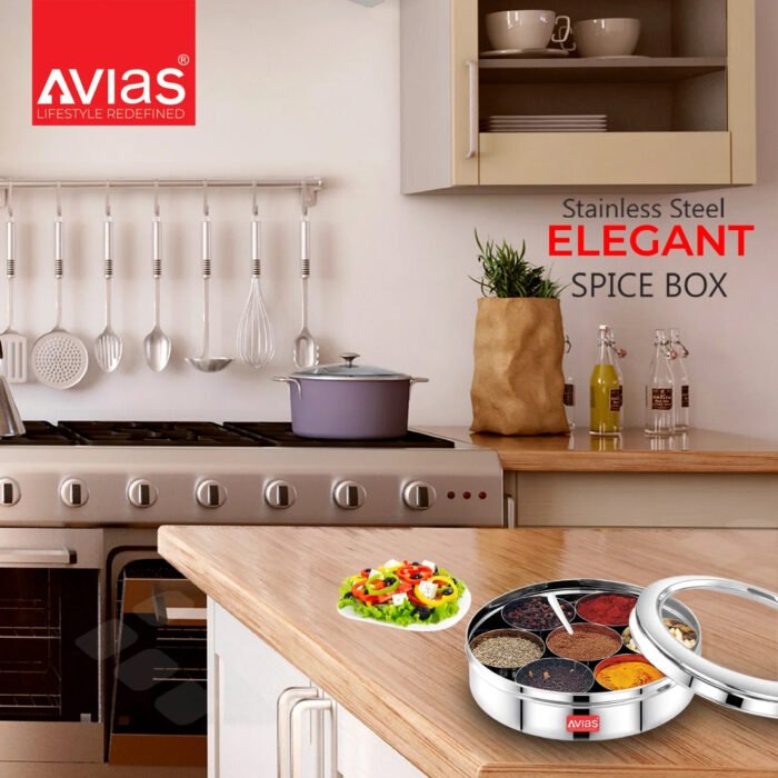 AVIAS Stainless Steel Elegant Spice Box with See-Through Lid | Rust-Resistant Masala Dabba | 7 Compartments & Steel Spoon | Small & Medium - Image 10