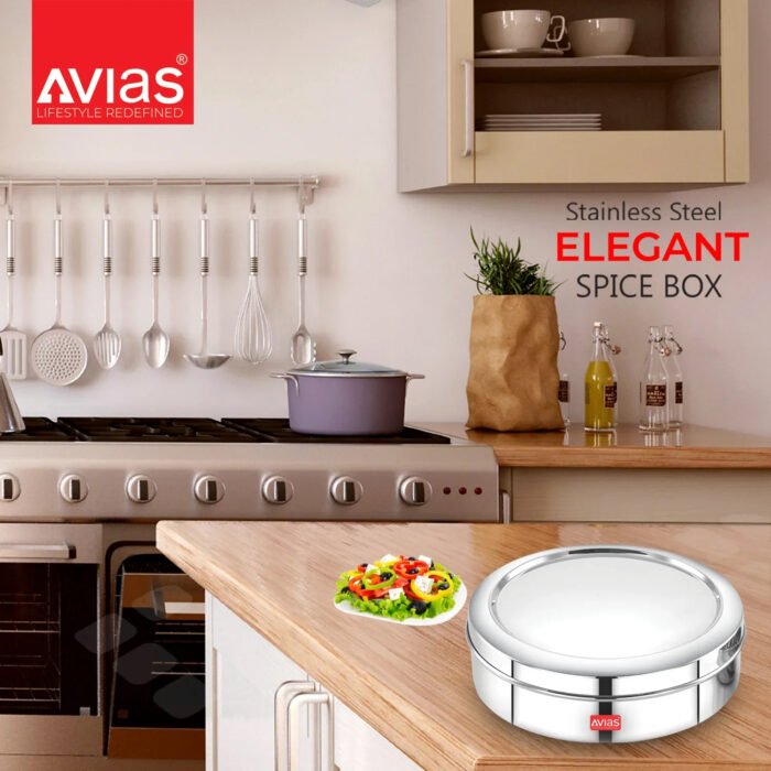 AVIAS Stainless Steel Elegant Spice Box with Stainless Steel Lid | Masala Dani / Masala Dabba Kitchen Organizer | 7 Compartments with Steel Spoon | Small & Medium - Image 3