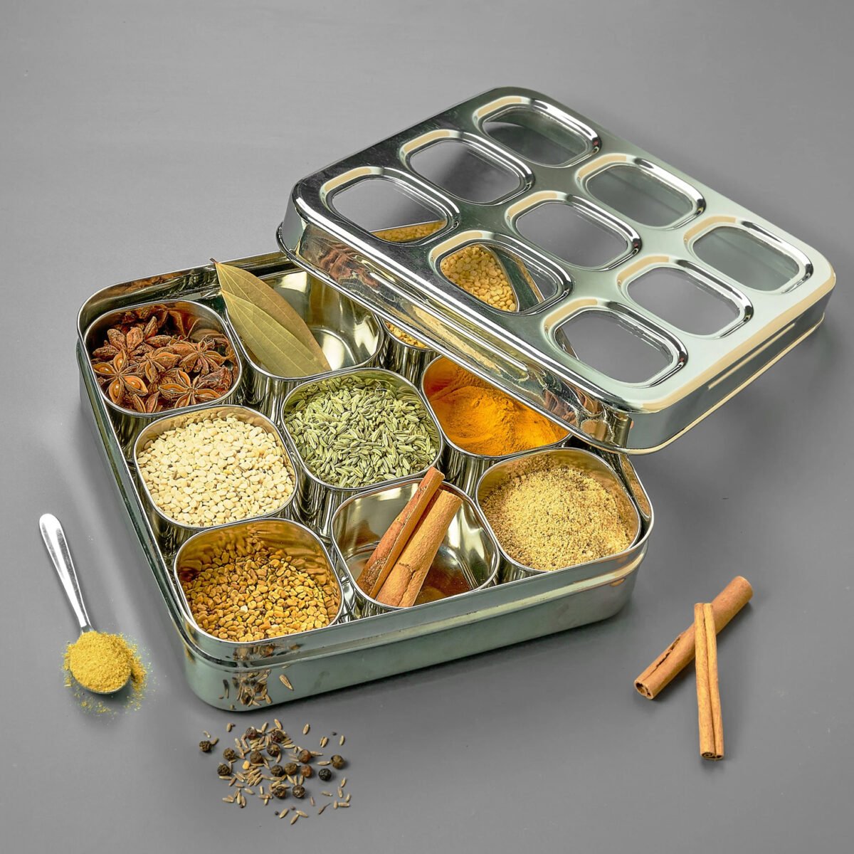 AVIAS Stainless Steel Spice Box with 9 Square Large Compartments