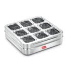 AVIAS Stainless Steel Spice Box with 9 Square Large Compartments | Rust-Free See-Through Lid | Break-Resistant Acrylic Sheet | Masala Dabba / Masala Dani / Dry Fruit Box | Kitchen Organiser