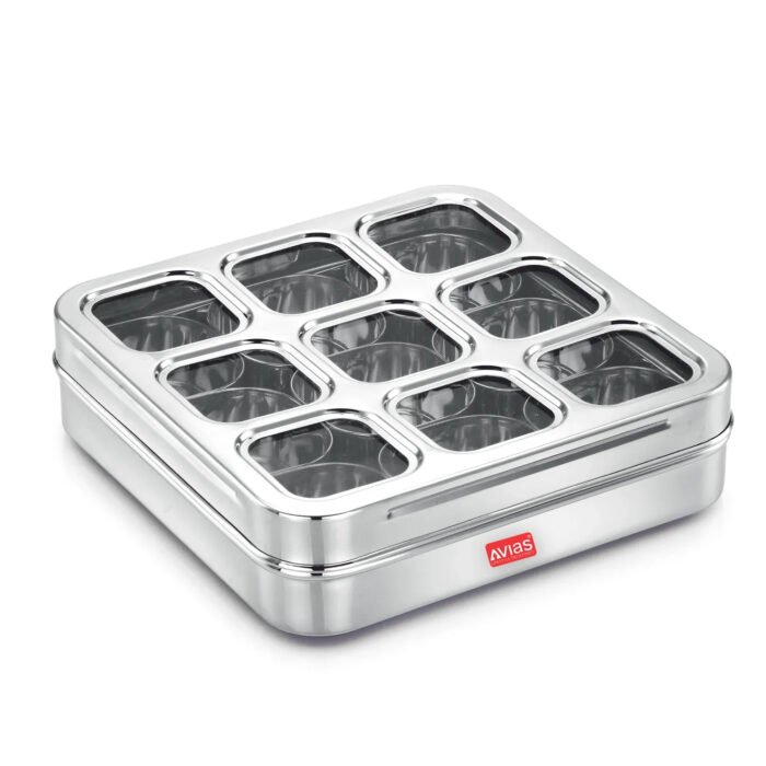 AVIAS Stainless Steel Spice Box with 9 Square Large Compartments | Rust-Free See-Through Lid | Break-Resistant Acrylic Sheet | Masala Dabba / Masala Dani / Dry Fruit Box | Kitchen Organiser - Image 5