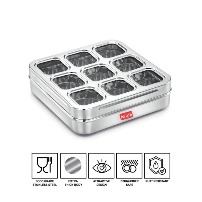 AVIAS Stainless Steel Spice Box with 9 Square Large Compartments | Rust-Free See-Through Lid | Break-Resistant Acrylic Sheet | Masala Dabba / Masala Dani / Dry Fruit Box | Kitchen Organiser - Image 4