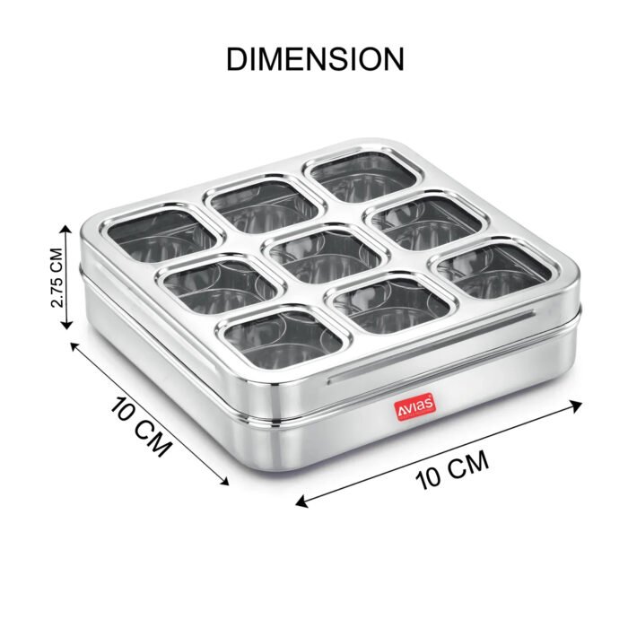 AVIAS Stainless Steel Spice Box with 9 Square Large Compartments | Rust-Free See-Through Lid | Break-Resistant Acrylic Sheet | Masala Dabba / Masala Dani / Dry Fruit Box | Kitchen Organiser - Image 3