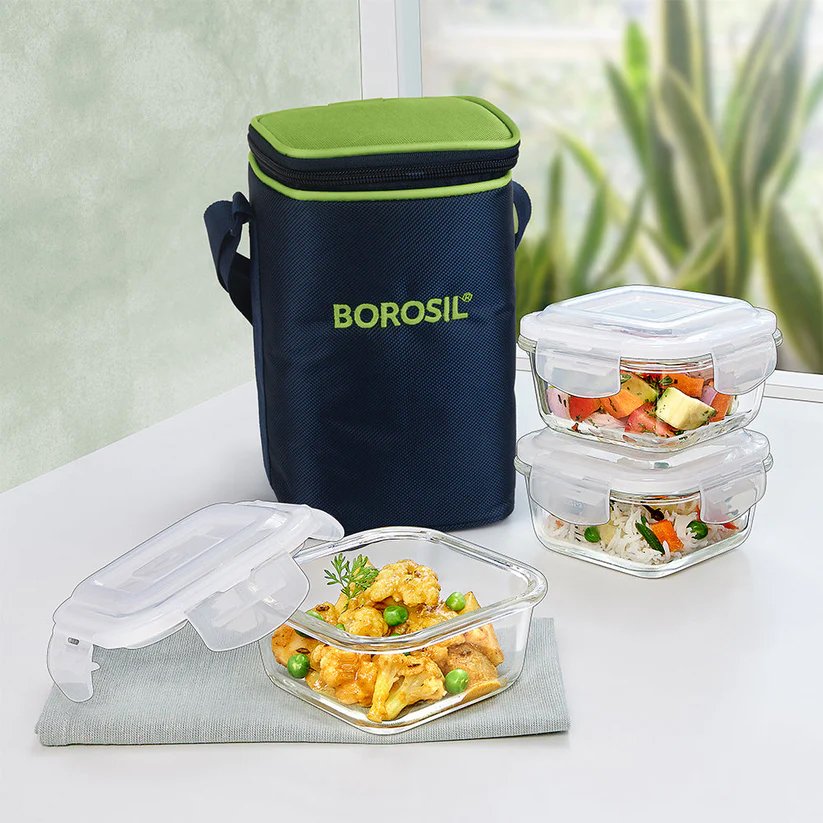 Borosil Alfa Green Glass Lunch Box, Square x 3 (Tall), 320ml - Set of 3