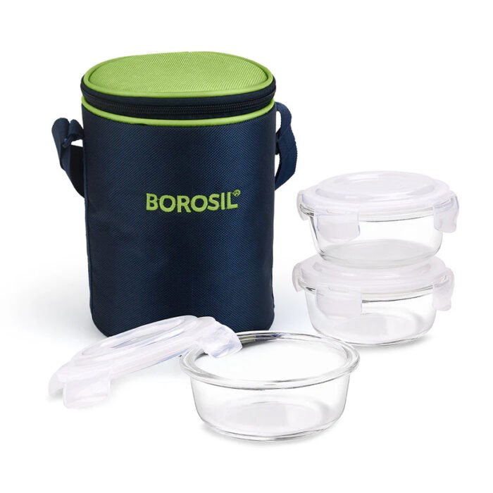 Borosil Alfa Green Glass Lunch Box, Round x 3 (Tall), 400ml - Set of 3 - Image 2