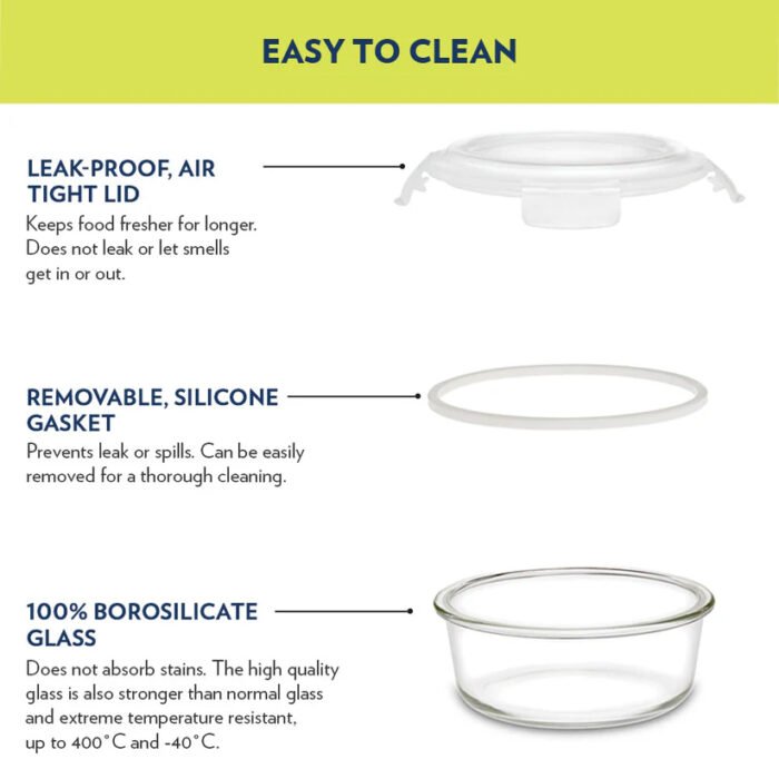 Borosil Alfa Green Glass Lunch Box, Round x 3 (Tall), 400ml - Set of 3 - Image 4