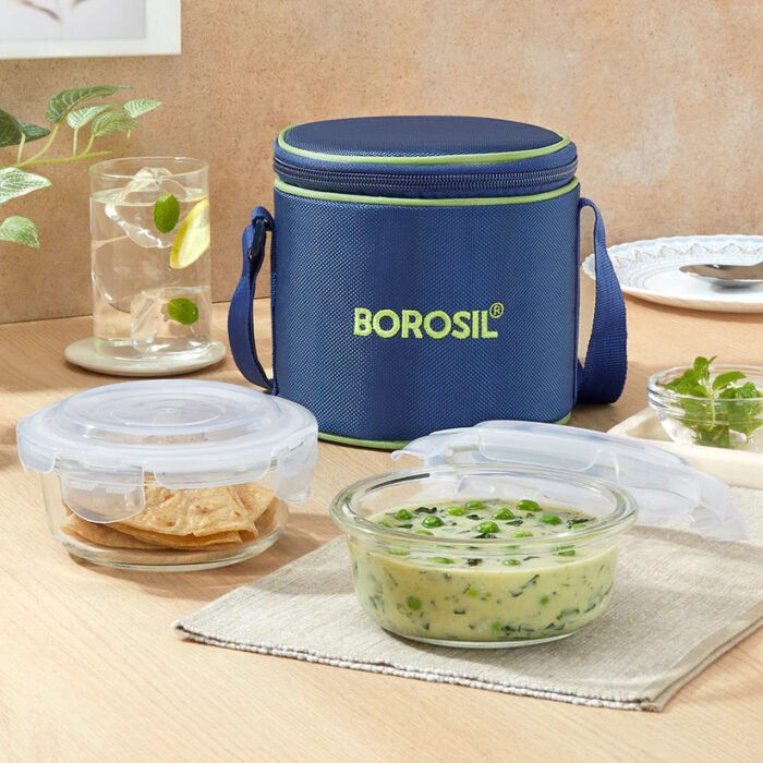 Borosil Blue Glass Lunchbox Set | 2 Round Tall Containers (400ml) | Leak-Proof Borosilicate Glass with Stylish Carry Bag - Image 2