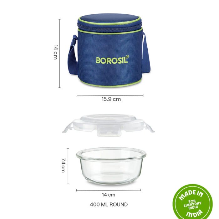 Borosil Blue Glass Lunchbox Set | 2 Round Tall Containers (400ml) | Leak-Proof Borosilicate Glass with Stylish Carry Bag - Image 3