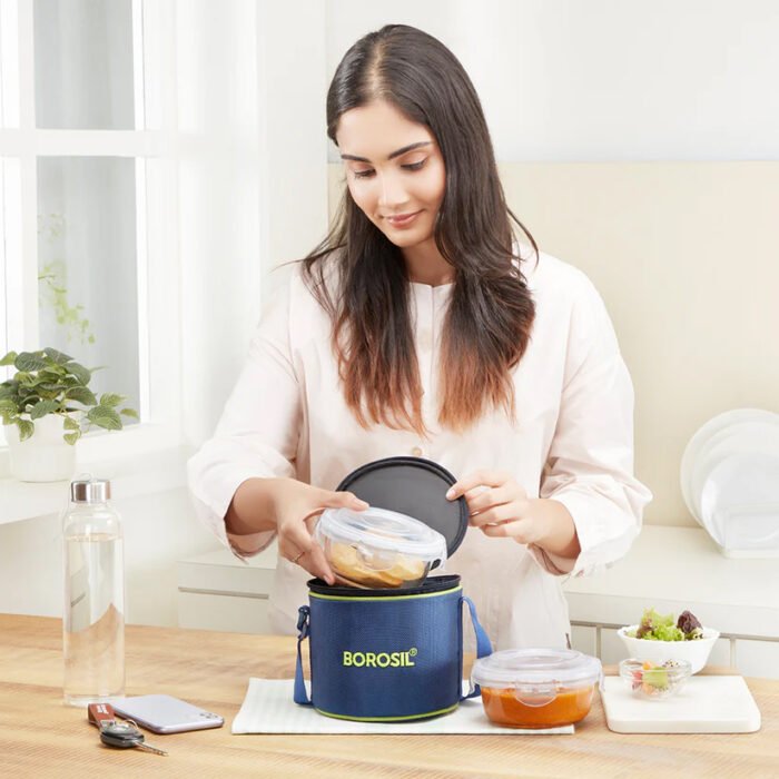 Borosil Blue Glass Lunchbox Set | 2 Round Tall Containers (400ml) | Leak-Proof Borosilicate Glass with Stylish Carry Bag - Image 6