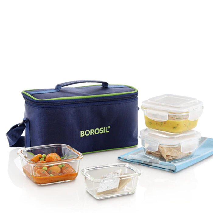 Borosil Glass Lunchbox, Square + Rectangular, 320ml x 3 + 120ml - Image 2