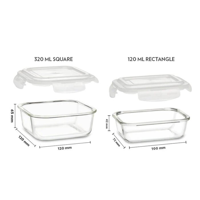 Borosil Glass Lunchbox, Square + Rectangular, 320ml x 3 + 120ml - Image 3