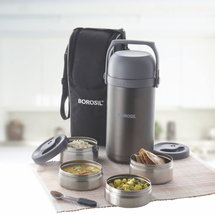 Borosil Hot N Fresh Stainless Steel Insulated Lunchbox Set of 4 | 2.3 L | Keeps Food Hot up to 6 Hours | Leak-Proof Tiffin with Carry Bag & Spoon – Grey - Image 11