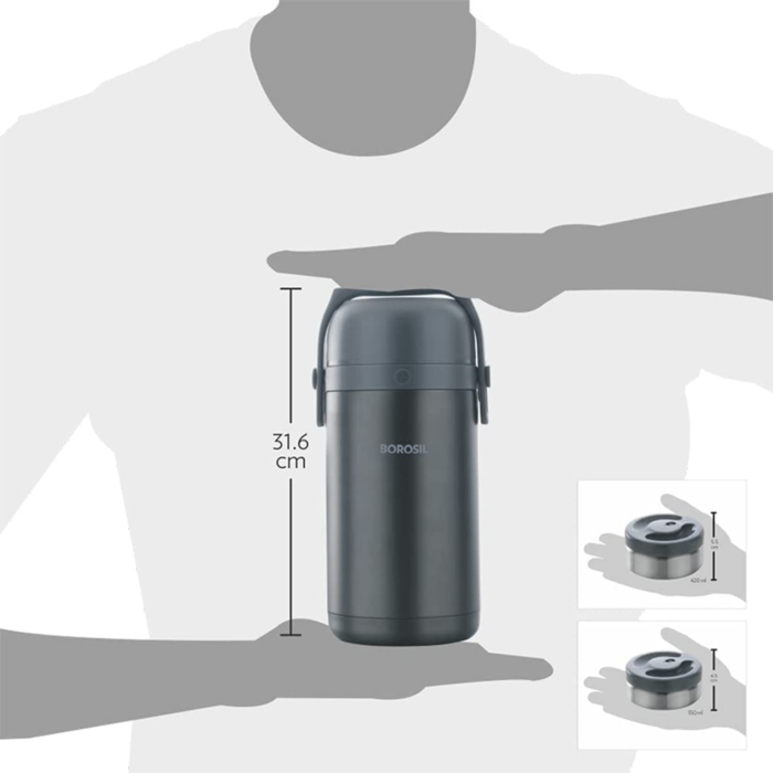 Borosil Hot N Fresh Stainless Steel Insulated Lunchbox Set of 4 | 2.3 L | Keeps Food Hot up to 6 Hours | Leak-Proof Tiffin with Carry Bag & Spoon – Grey - Image 9