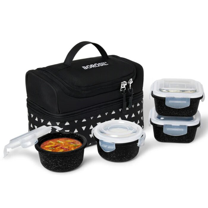 Borosil Kube Black Universal Glass Lunchbox Set – 320ml x 2 + 240ml x 2 | Leak-Proof Borosilicate Glass Containers with Lunch Bag - Image 2