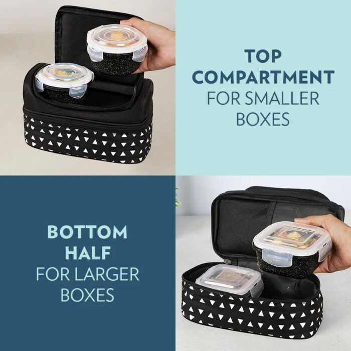 Borosil Kube Black Universal Glass Lunchbox Set – 320ml x 2 + 240ml x 2 | Leak-Proof Borosilicate Glass Containers with Lunch Bag - Image 4