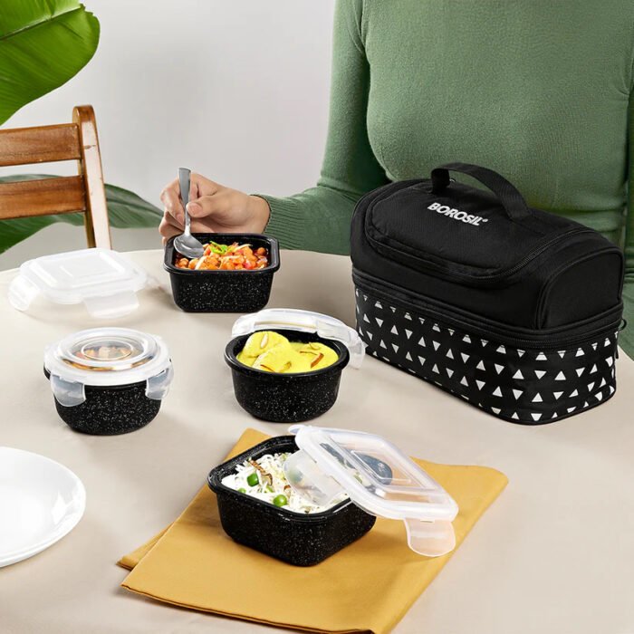 Borosil Kube Black Universal Glass Lunchbox Set – 320ml x 2 + 240ml x 2 | Leak-Proof Borosilicate Glass Containers with Lunch Bag - Image 6