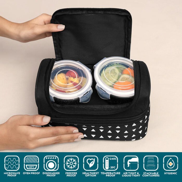 Borosil Kube Black Universal Glass Lunchbox Set – 320ml x 2 + 240ml x 2 | Leak-Proof Borosilicate Glass Containers with Lunch Bag - Image 9