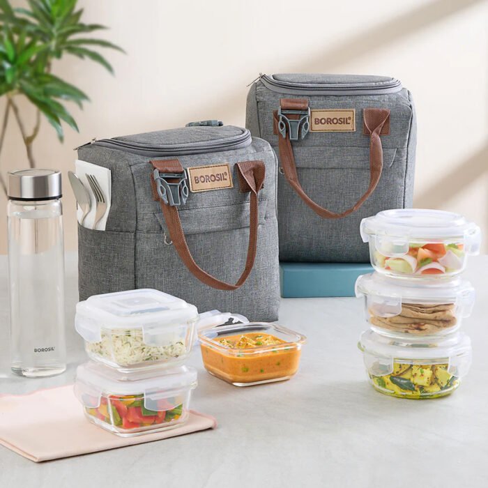 Borosil Pro Lunch Box Set, 400ml x 3 (+) 550ml x 1 – With Carry Bag & Glass Water Bottle - Image 11