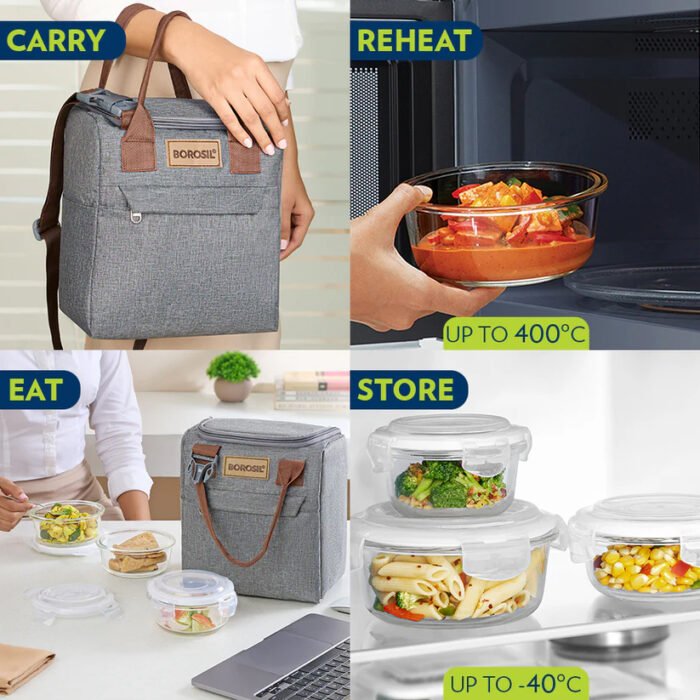 Borosil Pro Lunch Box Set, 400ml x 3 (+) 550ml x 1 – With Carry Bag & Glass Water Bottle - Image 9