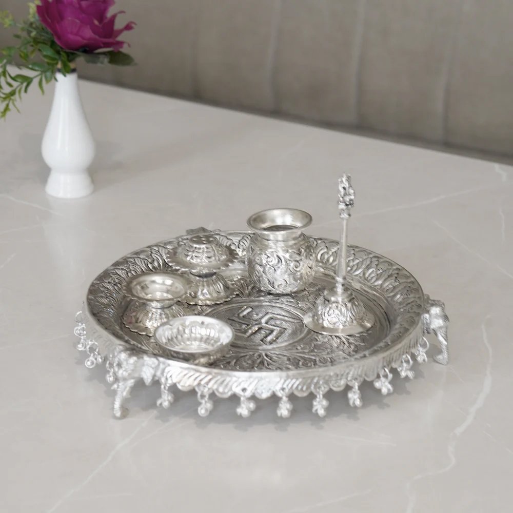 Brass Globe Ghungroo Pooja Set with Silver Finish - Image 2