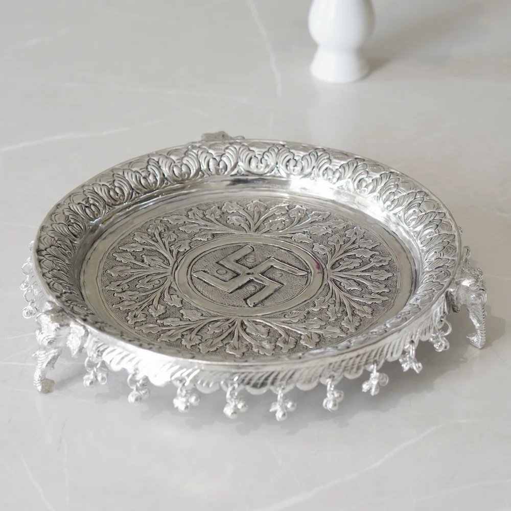 Brass Globe Ghungroo Pooja Set with Silver Finish - Image 5