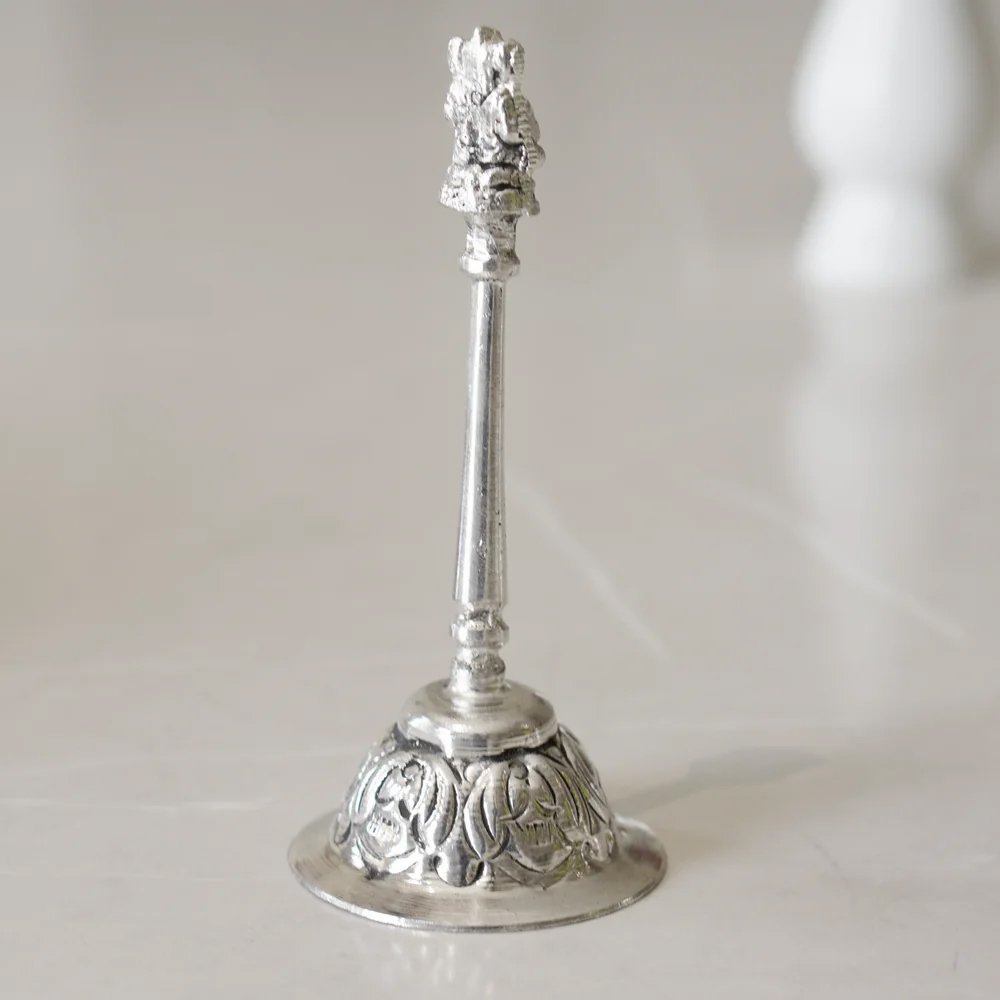 Brass Globe Ghungroo Pooja Set with Silver Finish - Image 6