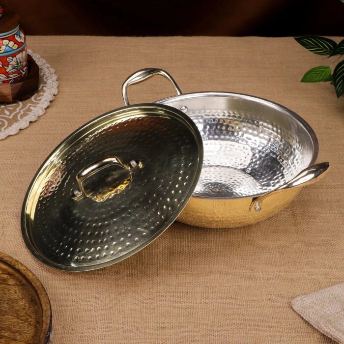 Brass Kadai with Kalai and Lid - Traditional Brass Cookware for Curries, Snacks & Frying