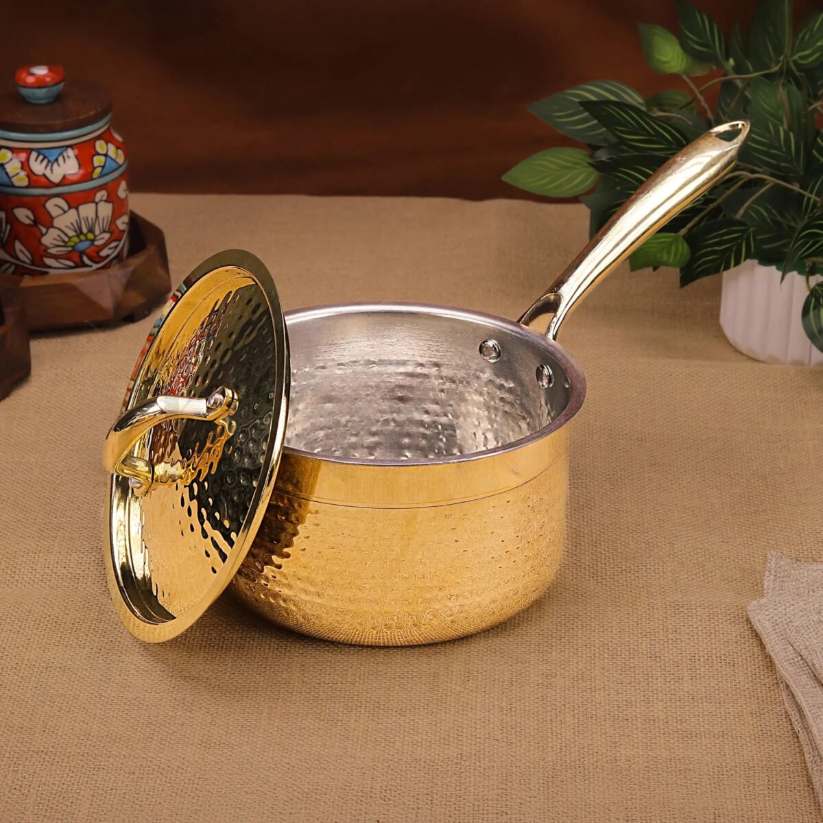Brass Sauce Pan with Lid - Traditional Kalai-Coated Brass Cookware for Tea, Sauces & Soups