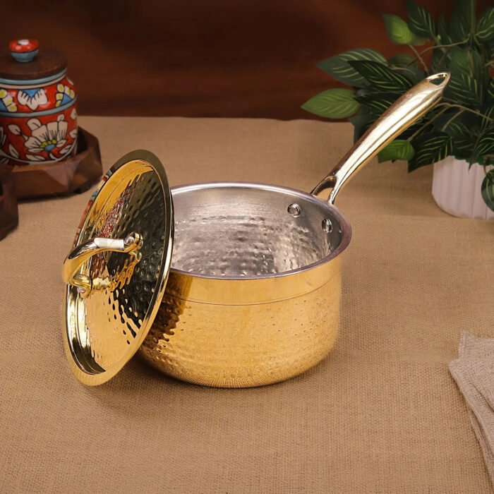 Brass Sauce Pan with Lid – Traditional Kalai-Coated Brass Cookware for Tea, Sauces & Soups