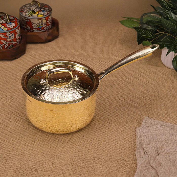 Brass Sauce Pan with Lid - Traditional Kalai-Coated Brass Cookware for Tea, Sauces & Soups - Image 3