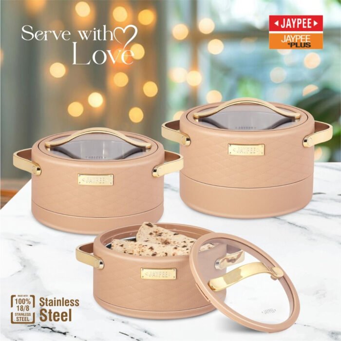 Jaypee Luxura Klass Casserole 3 Piece Set | Insulated Stainless Steel Serveware with Toughened Glass Lockable Lids | Keep Food Hot & Fresh - Image 7
