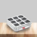 AVIAS Stainless Steel Spice Box with 9 Square Compartments | See-Through Rust-Free Lid | Break-Resistant Acrylic Sheet | Masala Dabba / Masala Dani / Dry Fruit Box | Kitchen Organiser