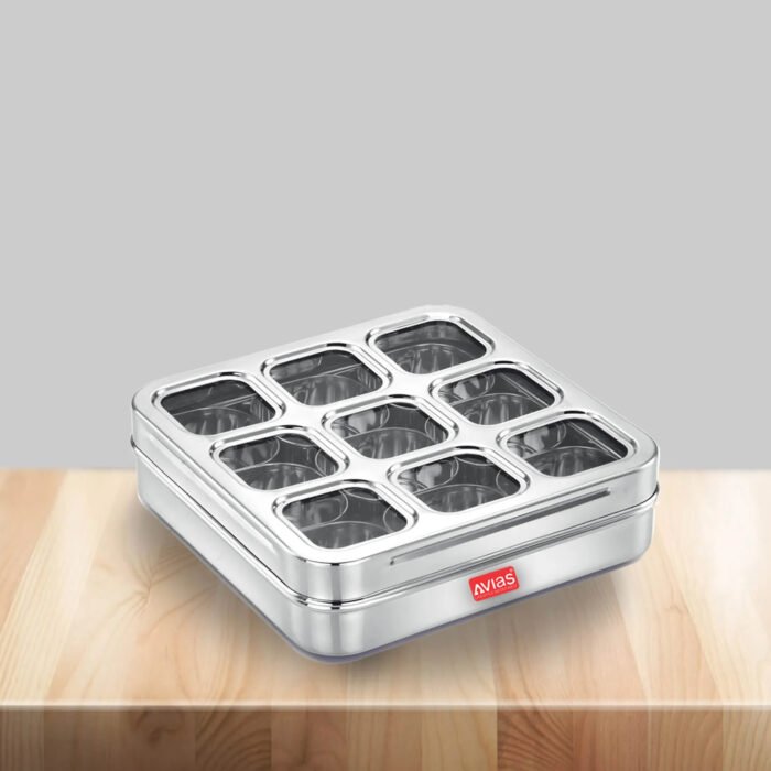 AVIAS Stainless Steel Spice Box with 9 Square Compartments | See-Through Rust-Free Lid | Break-Resistant Acrylic Sheet | Masala Dabba / Masala Dani / Dry Fruit Box | Kitchen Organiser - Image 2