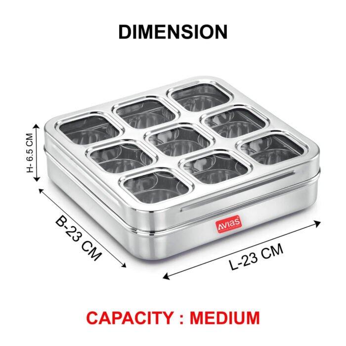 AVIAS Stainless Steel Spice Box with 9 Square Compartments | See-Through Rust-Free Lid | Break-Resistant Acrylic Sheet | Masala Dabba / Masala Dani / Dry Fruit Box | Kitchen Organiser - Image 4