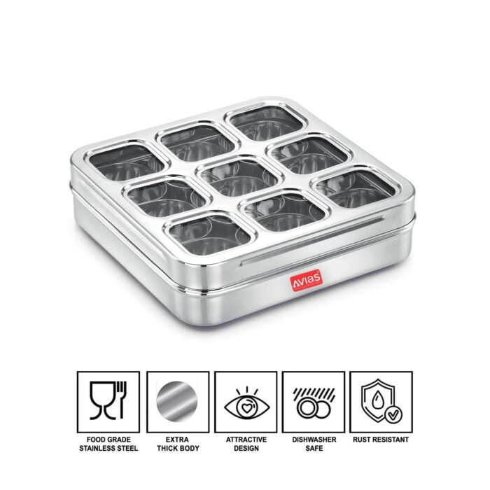 AVIAS Stainless Steel Spice Box with 9 Square Compartments | See-Through Rust-Free Lid | Break-Resistant Acrylic Sheet | Masala Dabba / Masala Dani / Dry Fruit Box | Kitchen Organiser - Image 5