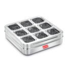 AVIAS Stainless Steel Spice Box with 9 Square Compartments | See-Through Rust-Free Lid | Break-Resistant Acrylic Sheet | Masala Dabba / Masala Dani / Dry Fruit Box | Kitchen Organiser