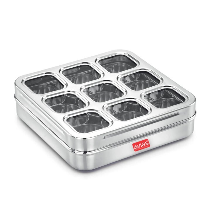 AVIAS Stainless Steel Spice Box with 9 Square Compartments | See-Through Rust-Free Lid | Break-Resistant Acrylic Sheet | Masala Dabba / Masala Dani / Dry Fruit Box | Kitchen Organiser - Image 6