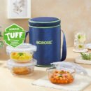 Borosil Blue Glass Lunchbox Set | 3 Round Containers (400ml) | Leak-Proof Borosilicate Glass with Stylish Carry Bag