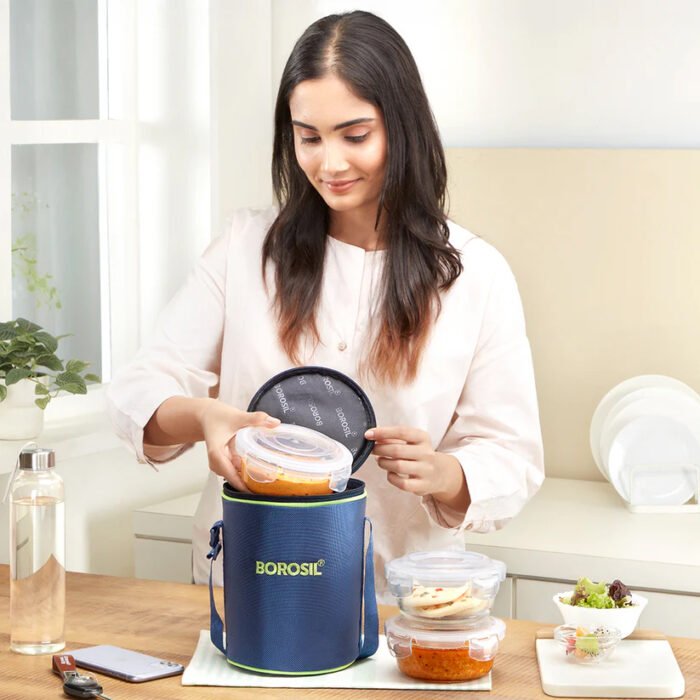 Borosil Blue Glass Lunchbox Set | 3 Round Containers (400ml) | Leak-Proof Borosilicate Glass with Stylish Carry Bag - Image 6