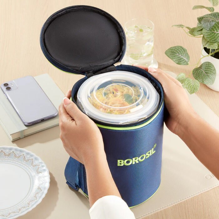 Borosil Blue Glass Lunchbox Set | 3 Round Containers (400ml) | Leak-Proof Borosilicate Glass with Stylish Carry Bag - Image 3