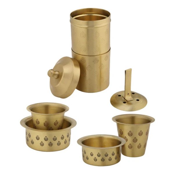LaCoppera Antique Gold Brass Coffee Filter Set | Coffee Dabra Cup and Bowl Set | Set of 5 Pcs