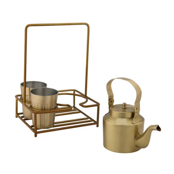 LaCoppera Premium Brass Tea Set – 2 Glasses & Kettle with Stand | Classic Cutting Chai Style | Set of 4 Pcs - Image 2