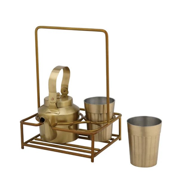 LaCoppera Premium Brass Tea Set – 2 Glasses & Kettle with Stand | Classic Cutting Chai Style | Set of 4 Pcs