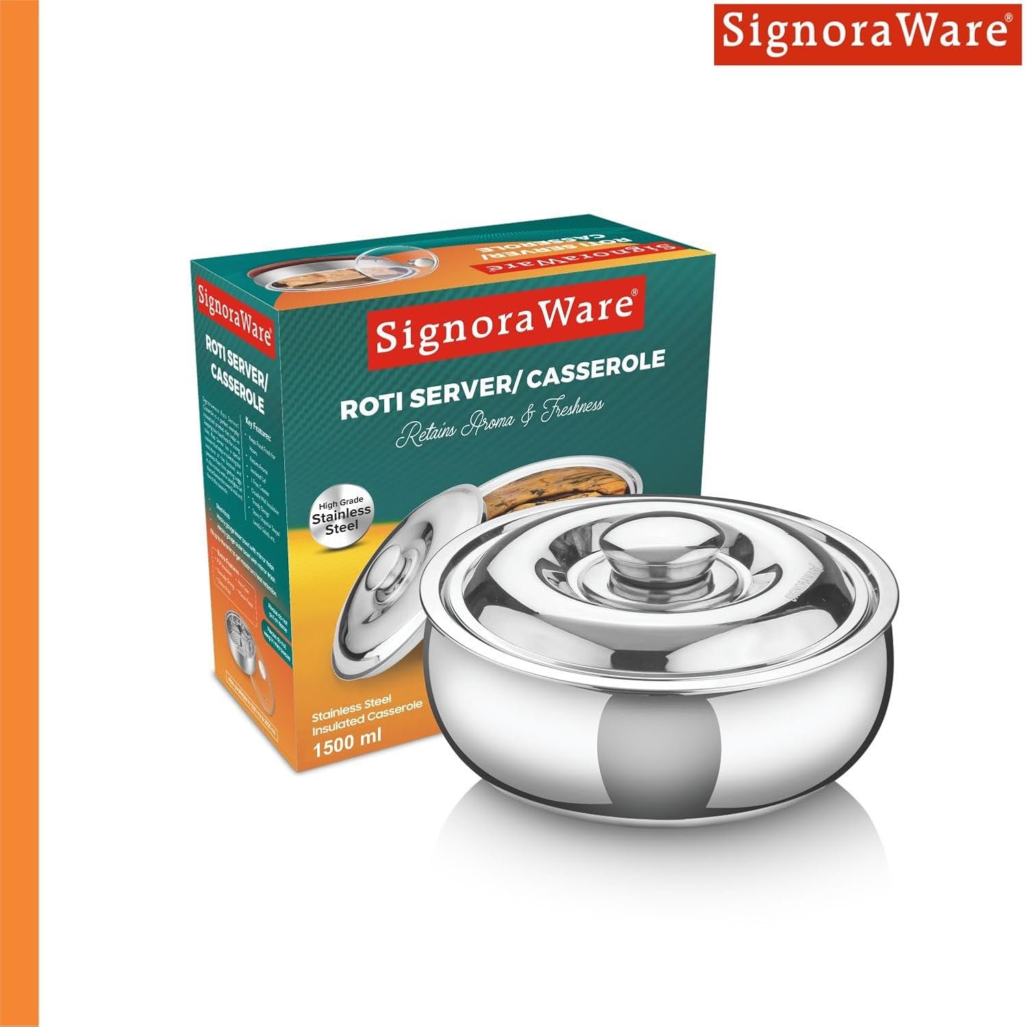 Signoraware Casserole Serving Bowl Container with Coaster, Insulated Stainless Steel with Insulated Steel Lid | Stainless Steel Casserole (1500ml) - Image 13